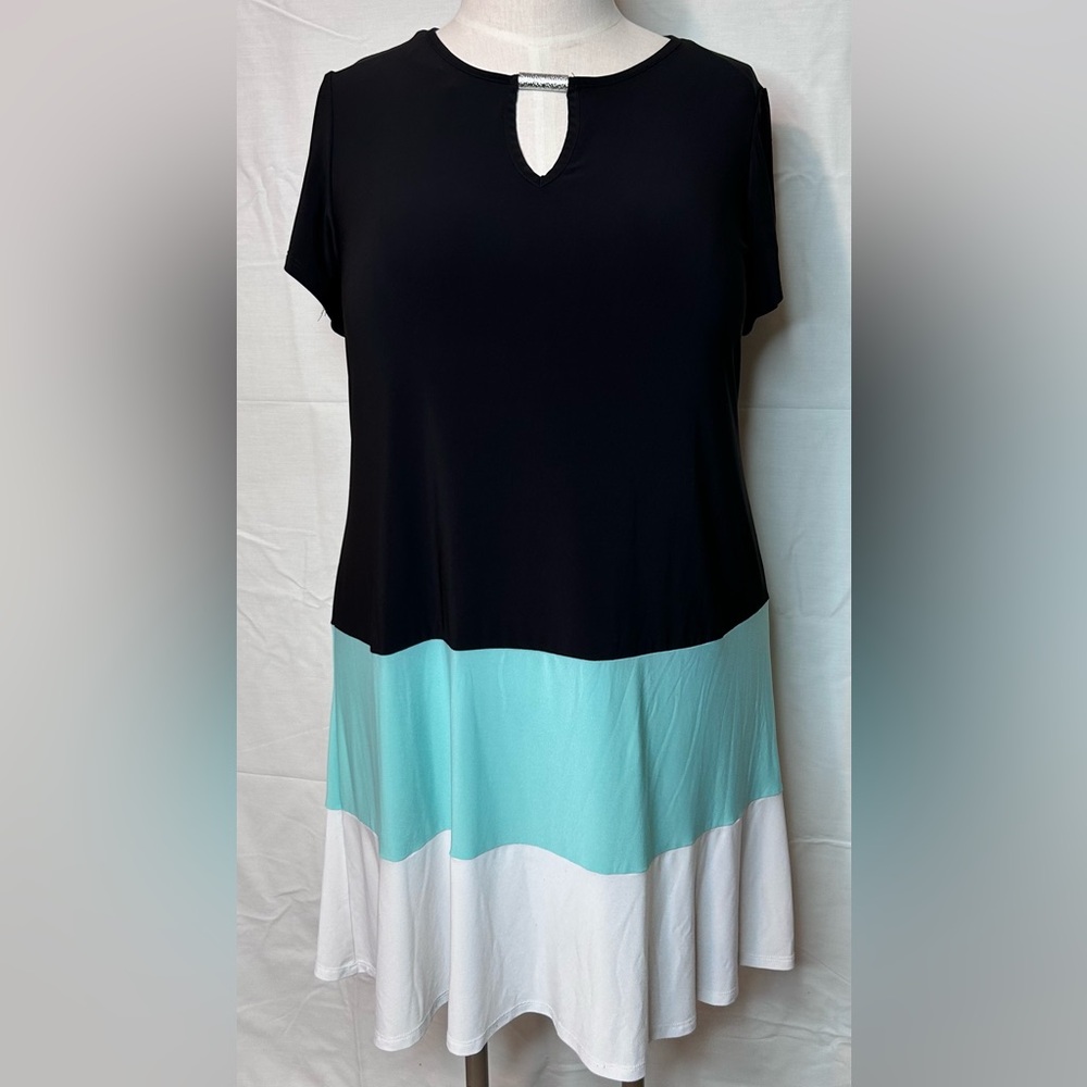 Tiana B Black Aqua White Colorblock Dress 16W Keyhole Stretch Flowy